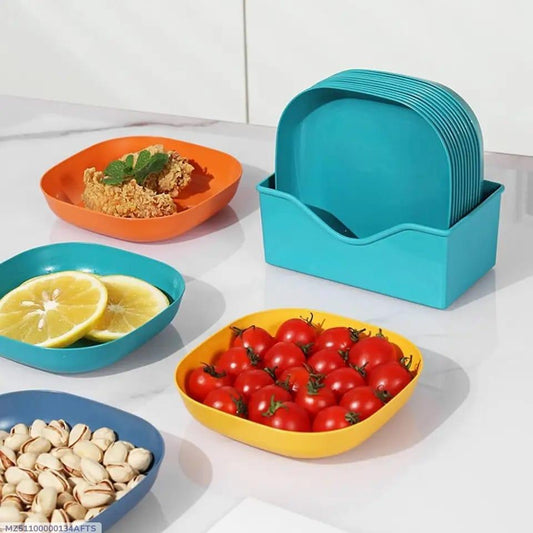 Vibrant Multicolor Plastic Square Plates-Set Of 10pcs